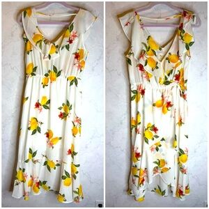 Socialite lemon print chiffon ruffle midi dress